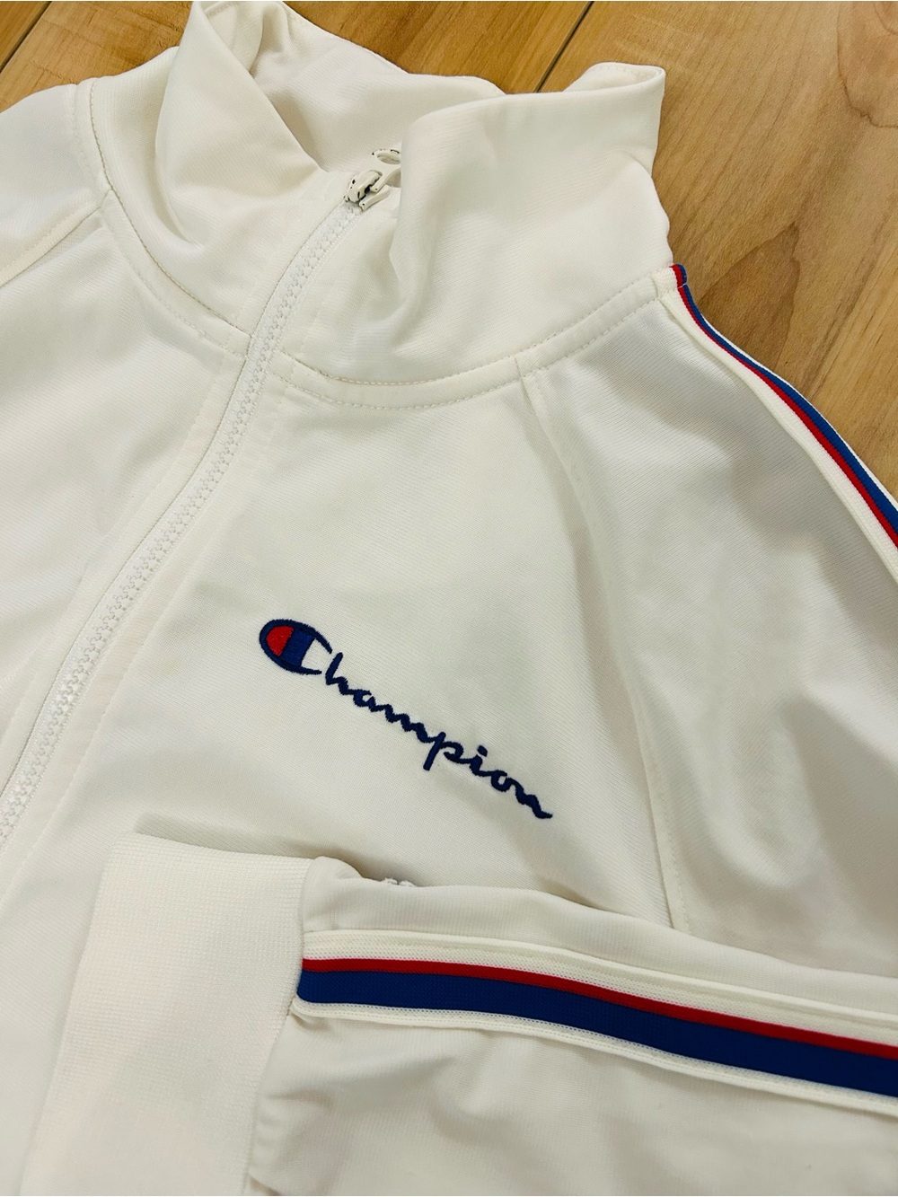 Champion Women’s Y2K Ivory Track Tennis Jacket with Red & Blue Stripe